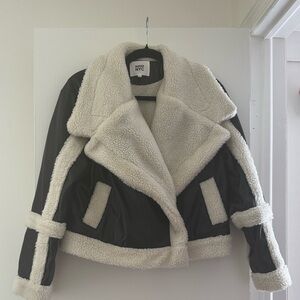 Madden NYC Women's Black Faux Leather Teddy Jacket with Ivory Sherpa